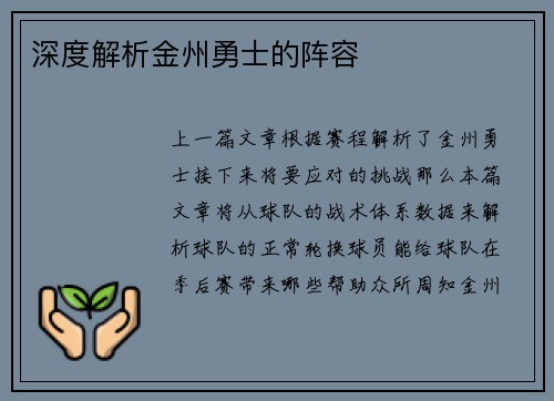 深度解析金州勇士的阵容