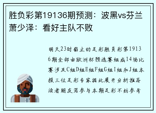 胜负彩第19136期预测：波黑vs芬兰 萧少泽：看好主队不败