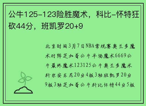 公牛125-123险胜魔术，科比-怀特狂砍44分，班凯罗20+9