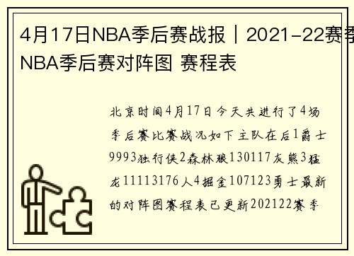 4月17日NBA季后赛战报｜2021-22赛季NBA季后赛对阵图 赛程表